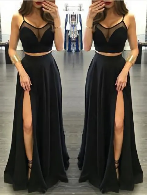 Black Slit Front Sexy Long Spaghetti Straps Dreses Prom Dresses
