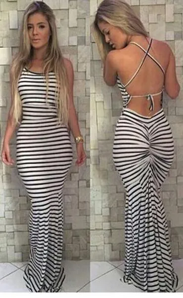 Clearance Sleeveless Backless Spaghetti Strap Stripe Long Dress