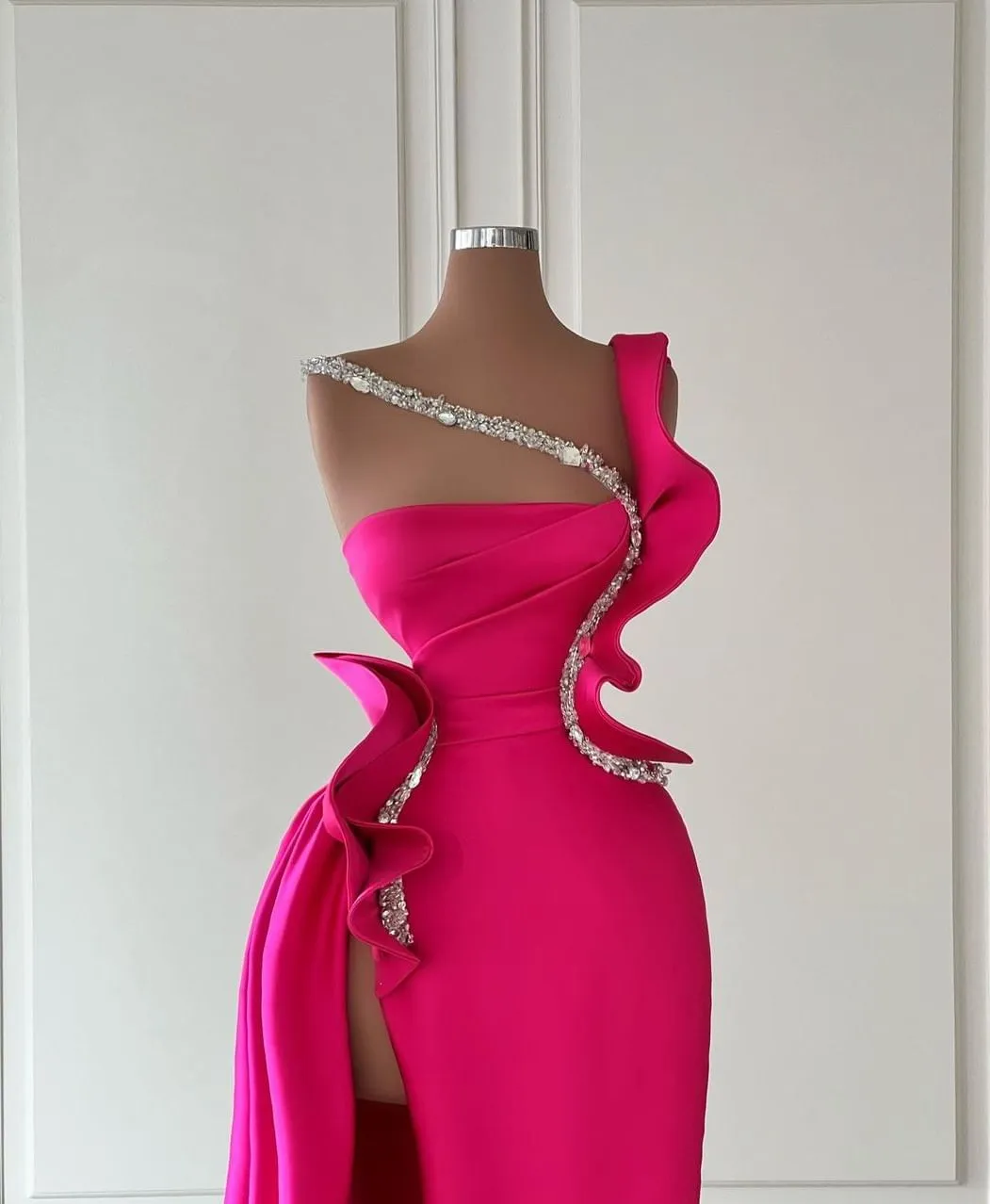 Designer Long Glitter Sleeveless Split Front Prom Dress With Ruffles