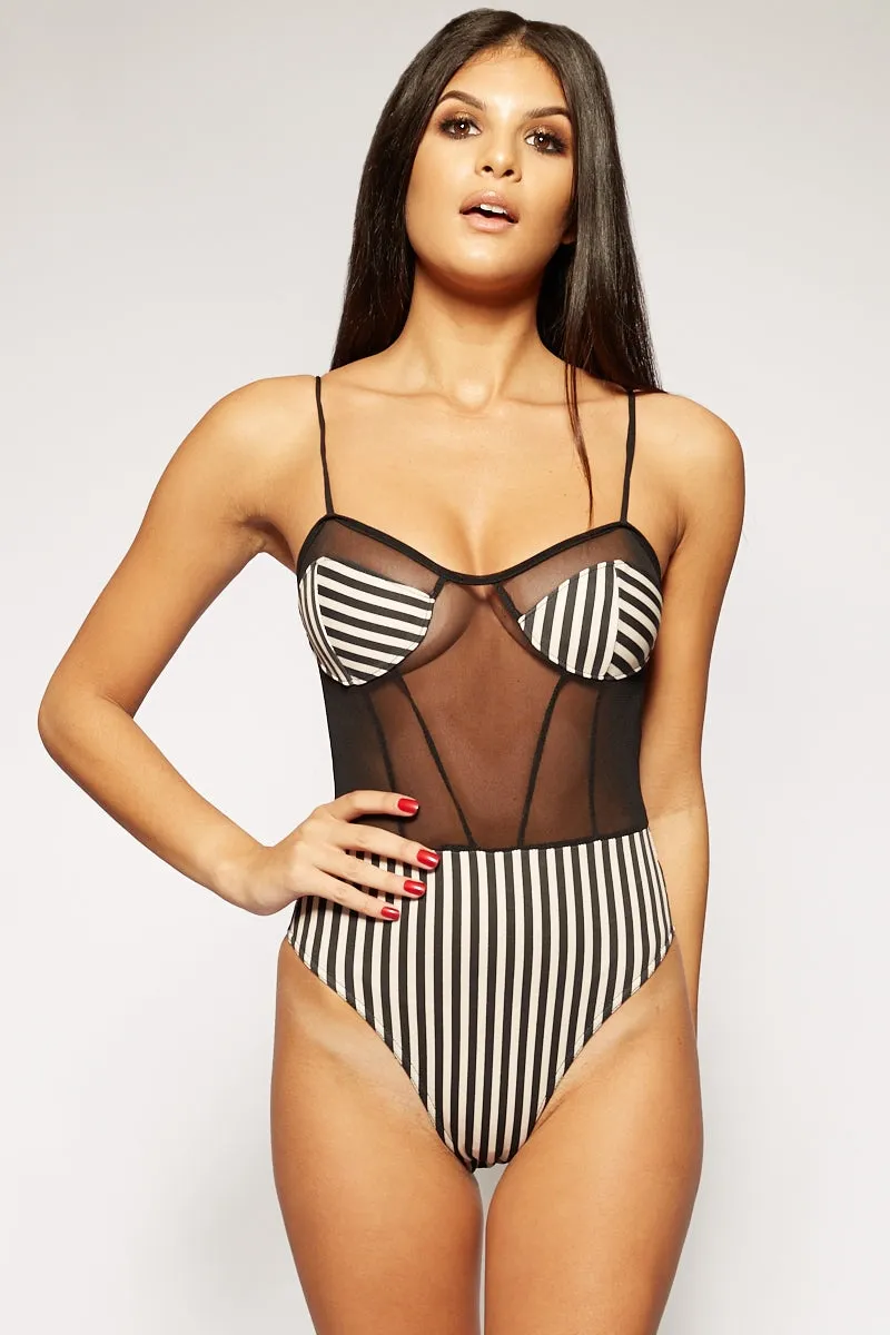 Emma - Black & Nude Striped Mesh Bodysuit