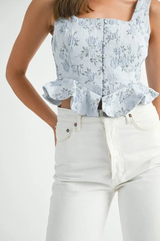 FLORAL JACQUARD PEPLUM CROP TOP