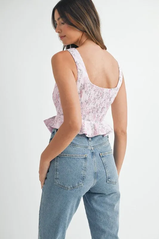 FLORAL JACQUARD PEPLUM CROP TOP