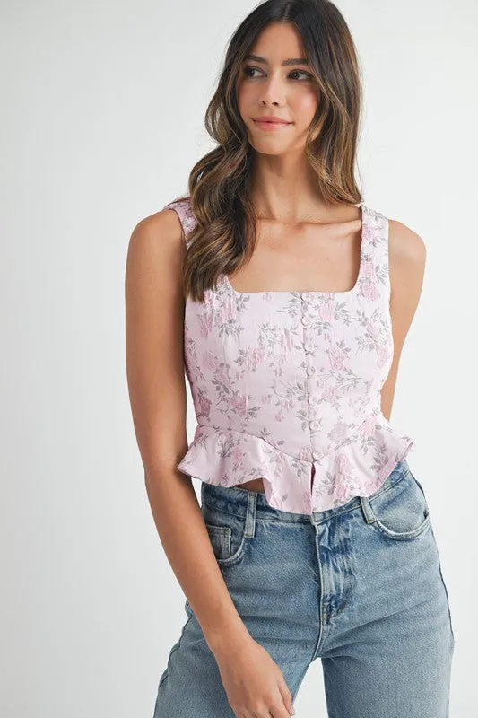 FLORAL JACQUARD PEPLUM CROP TOP