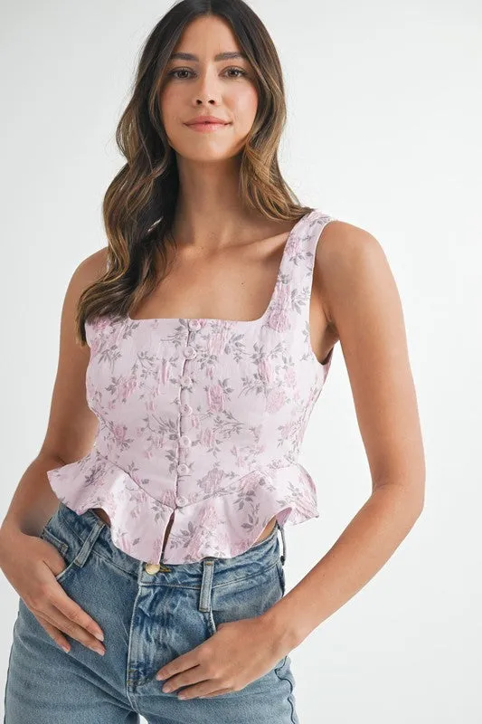FLORAL JACQUARD PEPLUM CROP TOP