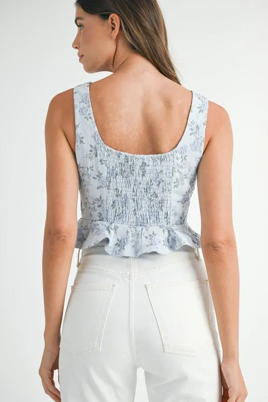 FLORAL JACQUARD PEPLUM CROP TOP