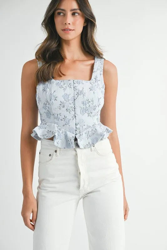 FLORAL JACQUARD PEPLUM CROP TOP