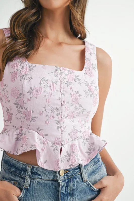 FLORAL JACQUARD PEPLUM CROP TOP