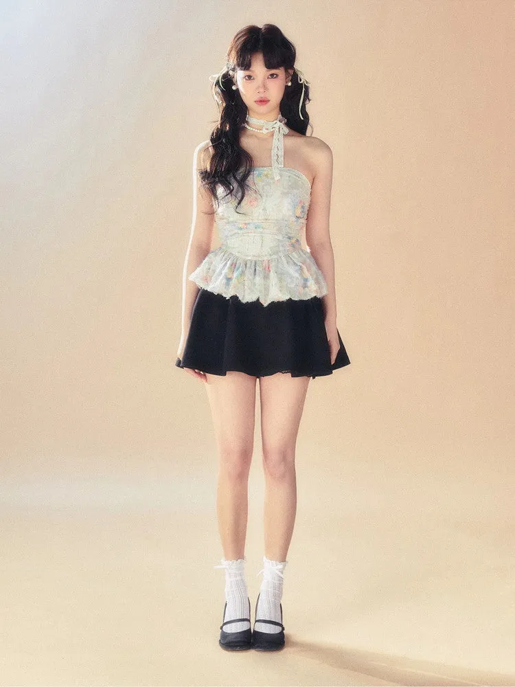 Floral Lace Peplum Feminine Sweet Flare Bare-Top