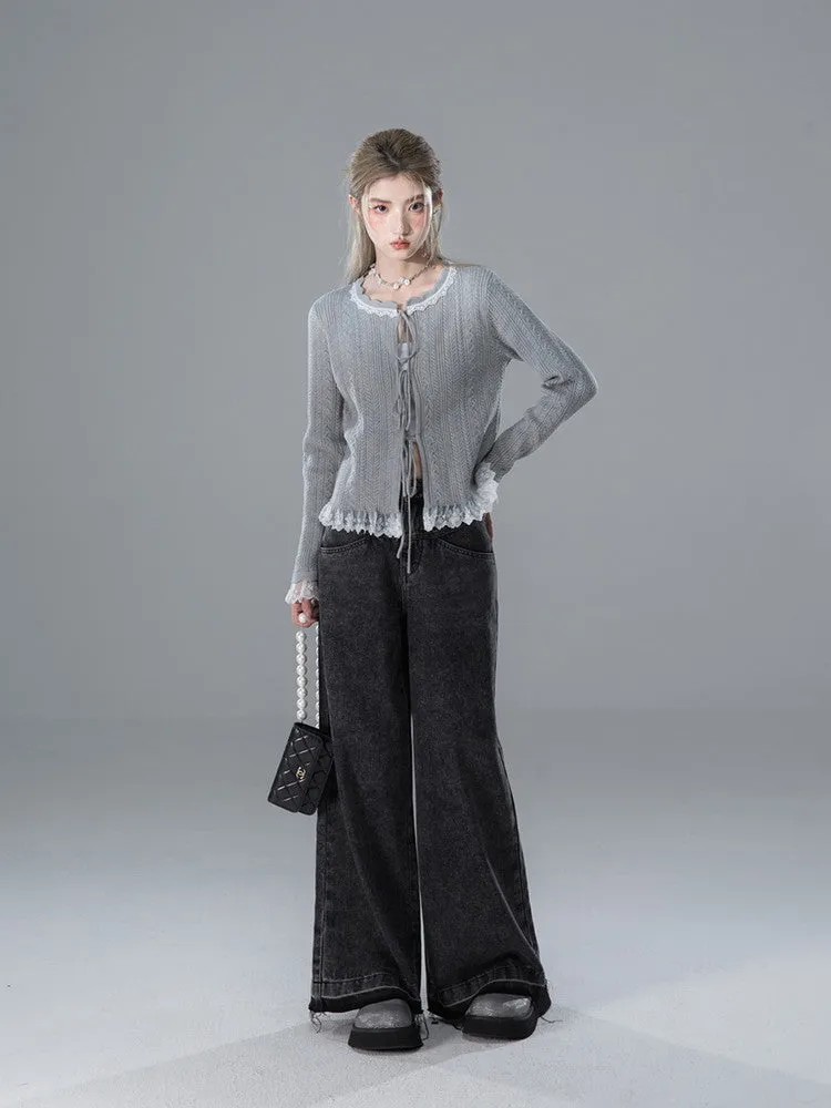 Lace Crew-Neck No-Button Feminine Knit Cardigan