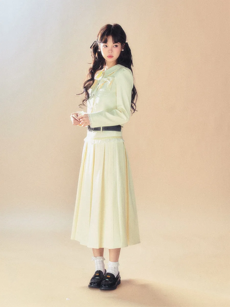 Set-Up Ribbon Feminine Lace Chic Jacket&Long-Skirt