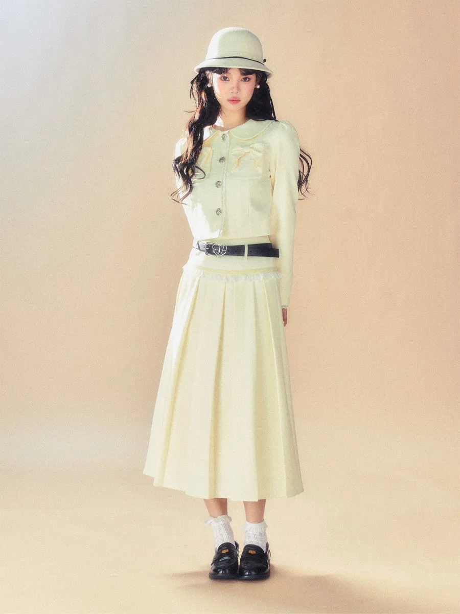Set-Up Ribbon Feminine Lace Chic Jacket&Long-Skirt