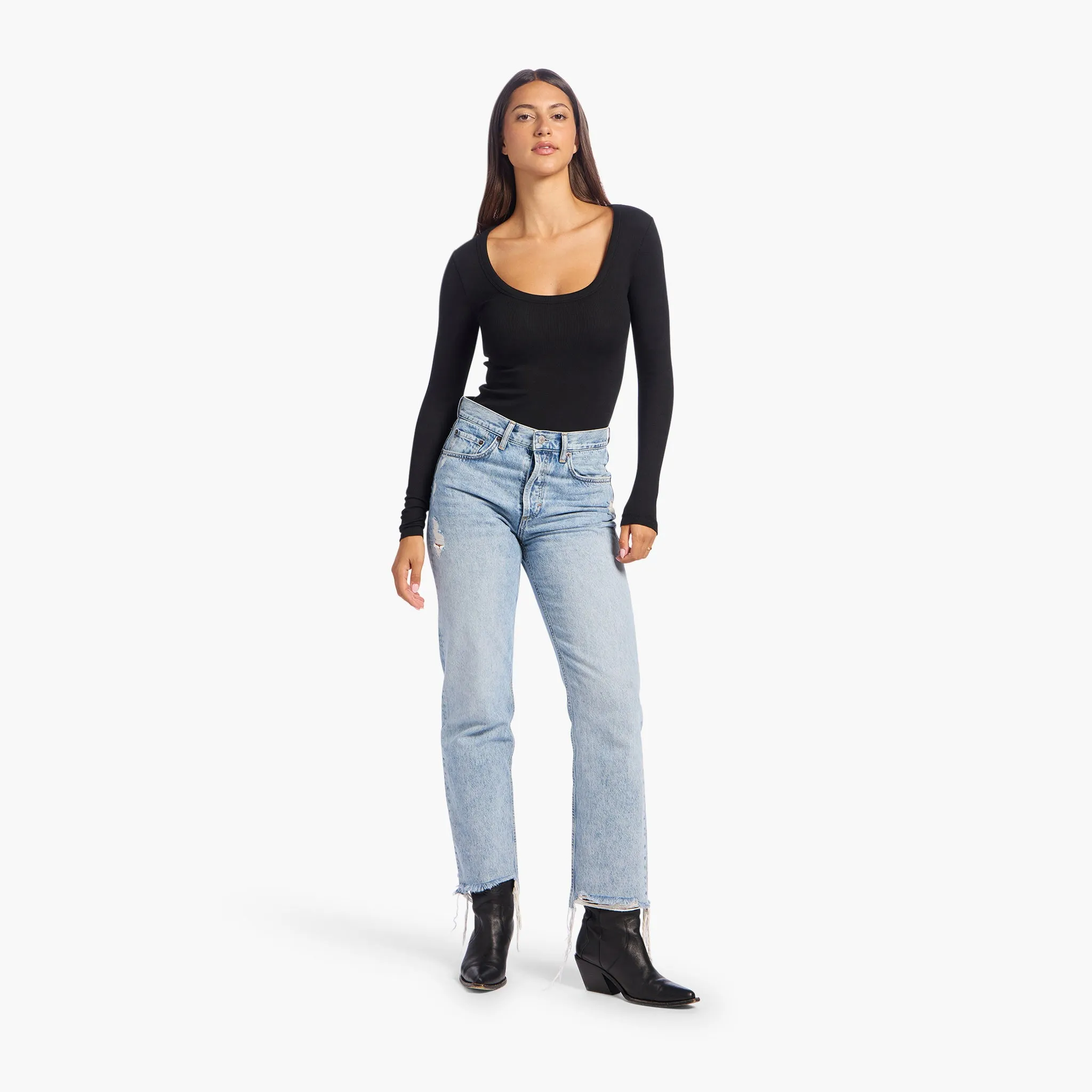 Slinky Rib Long Sleeve Bodysuit | Black