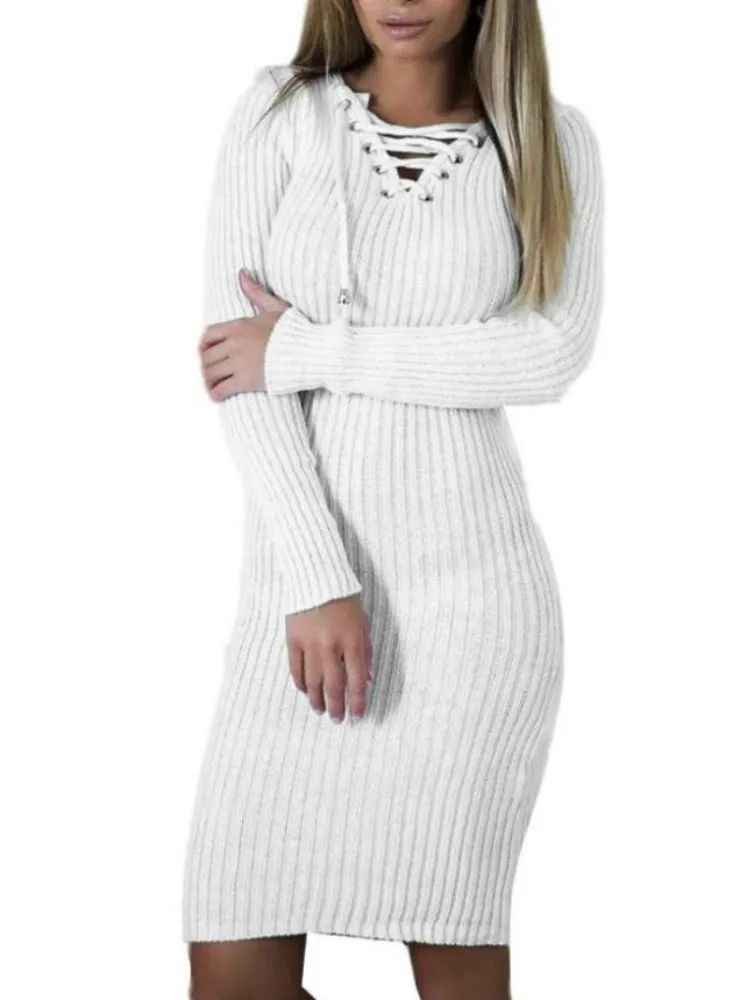 TastyHottie - Women Bodycon Knitted Dress V-Neck Long Sleeve