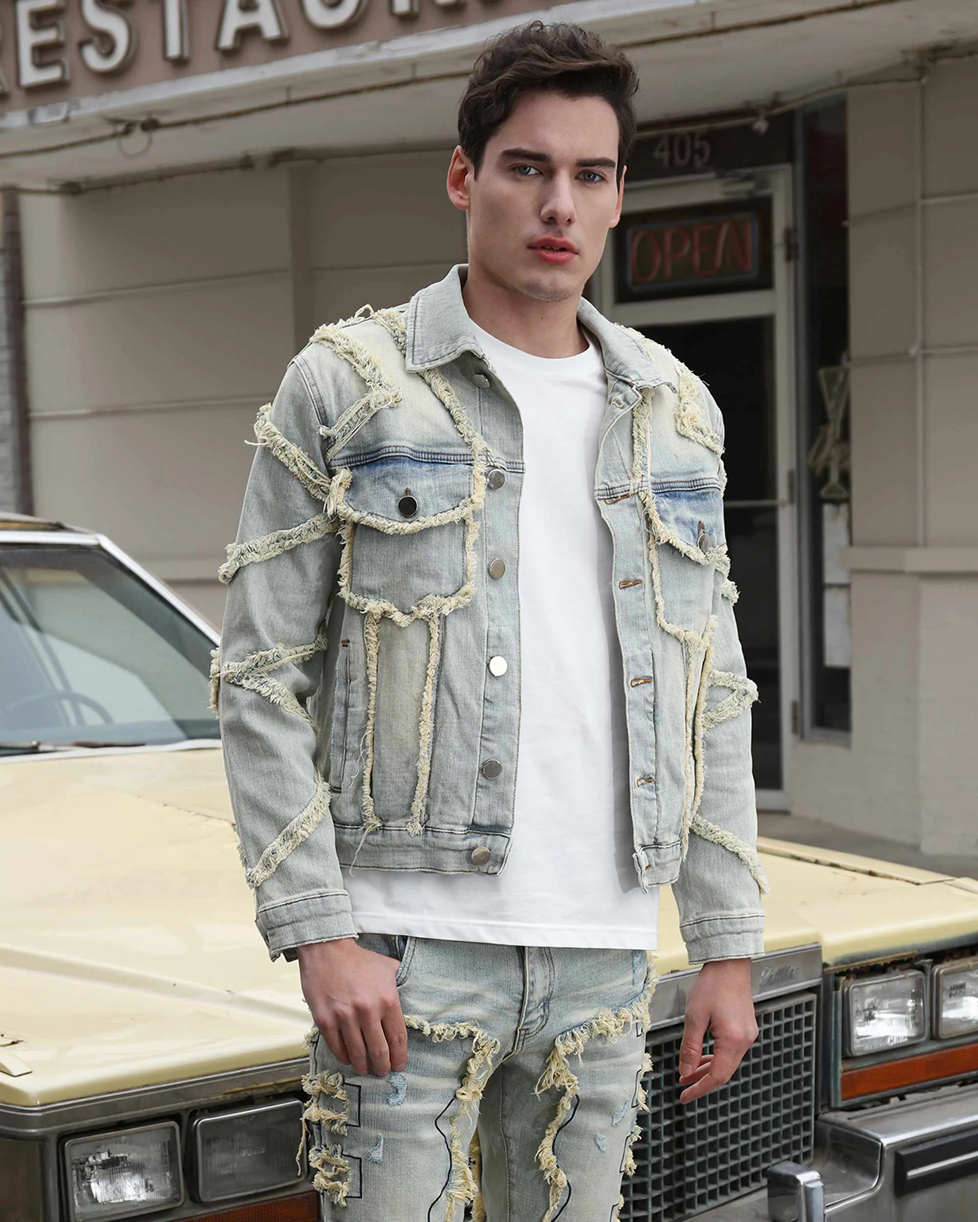 Vintage Fringe Blue Stacked Denim Jacket-Mexico Local Delivery