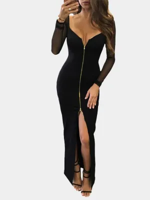 Wholesale Black Deep V-Neck Long Sleeve Plain Backless Slit Hem Sexy Dress