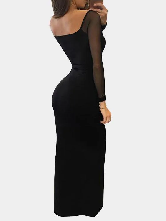 Wholesale Black Deep V-Neck Long Sleeve Plain Backless Slit Hem Sexy Dress