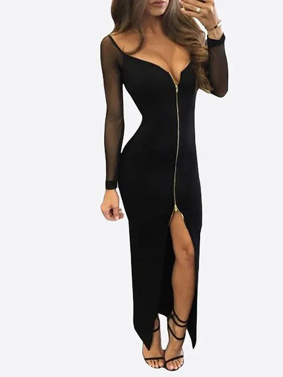 Wholesale Black Deep V-Neck Long Sleeve Plain Backless Slit Hem Sexy Dress