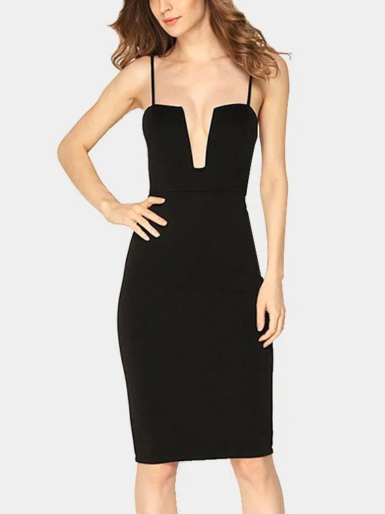 Wholesale Black Deep V Neck Sleeveless Zip Back Backless Sexy Dresses