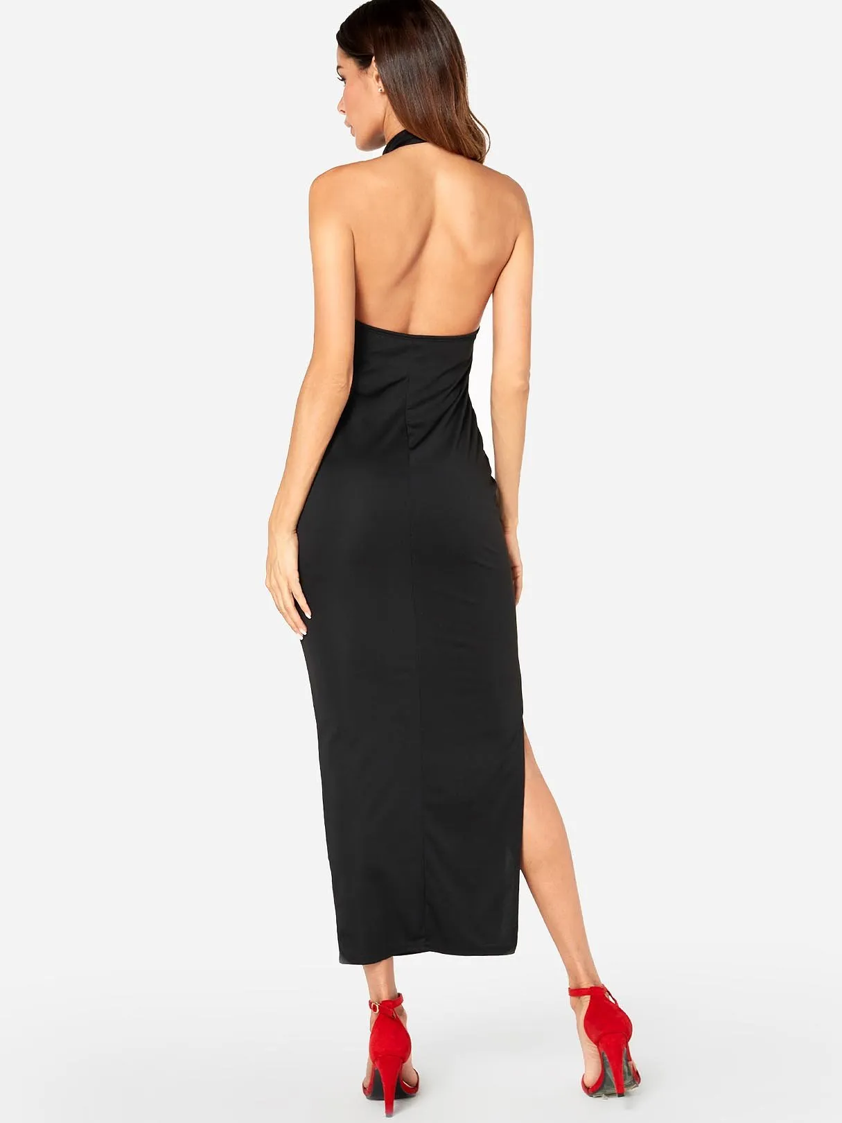 Wholesale Black Halter Sleeveless Backless Slit Hem Sexy Dress