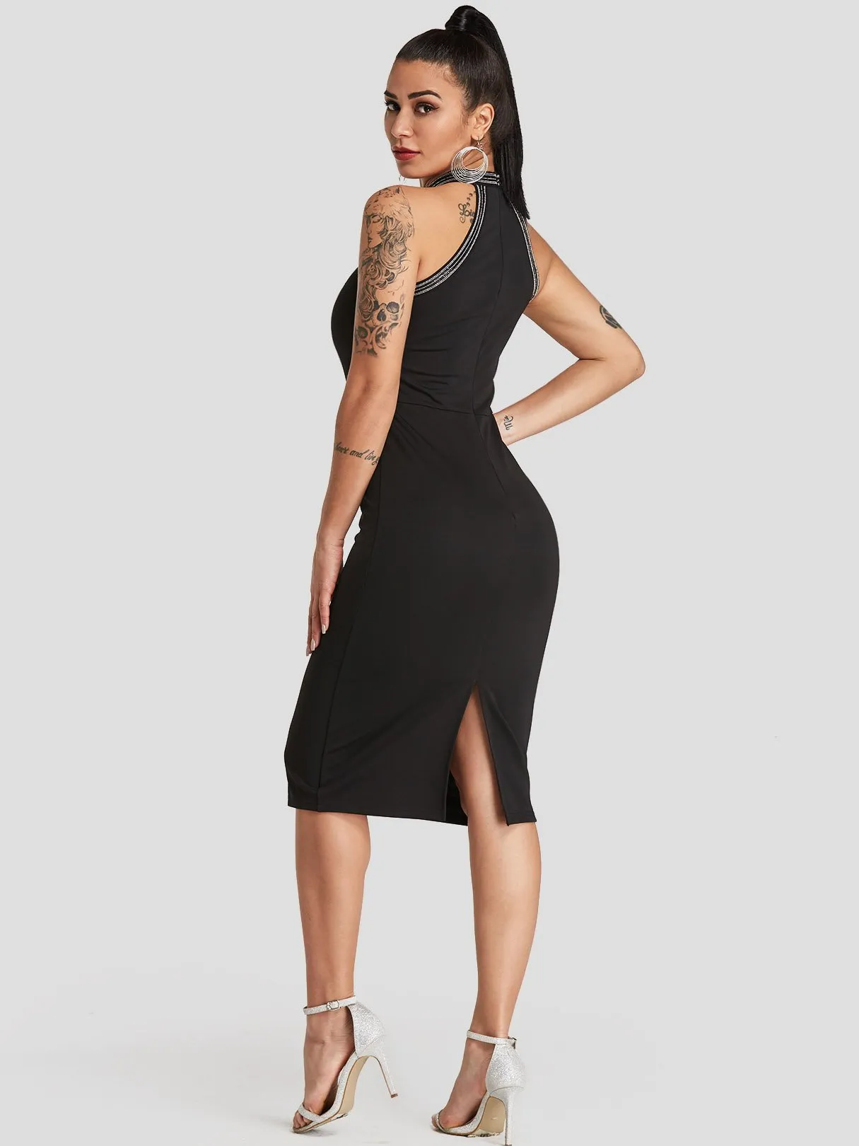 Wholesale Black Halter Sleeveless Plain Sequins Embellished Slit Hem Sexy Dresses