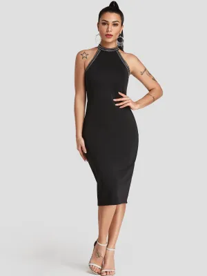 Wholesale Black Halter Sleeveless Plain Sequins Embellished Slit Hem Sexy Dresses