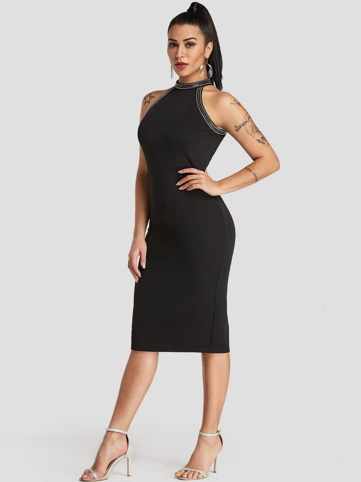 Wholesale Black Halter Sleeveless Plain Sequins Embellished Slit Hem Sexy Dresses
