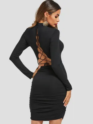Wholesale Black Long Sleeve Plain Backless Lace-Up Bodycon Sexy Dresses