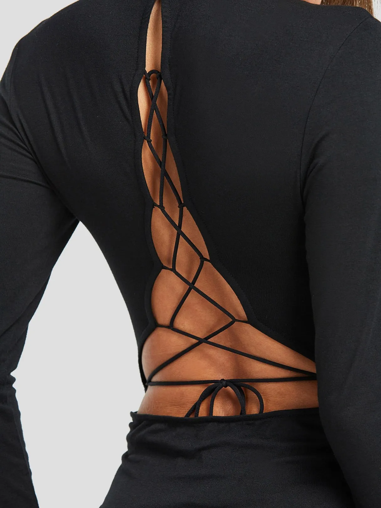Wholesale Black Long Sleeve Plain Backless Lace-Up Bodycon Sexy Dresses