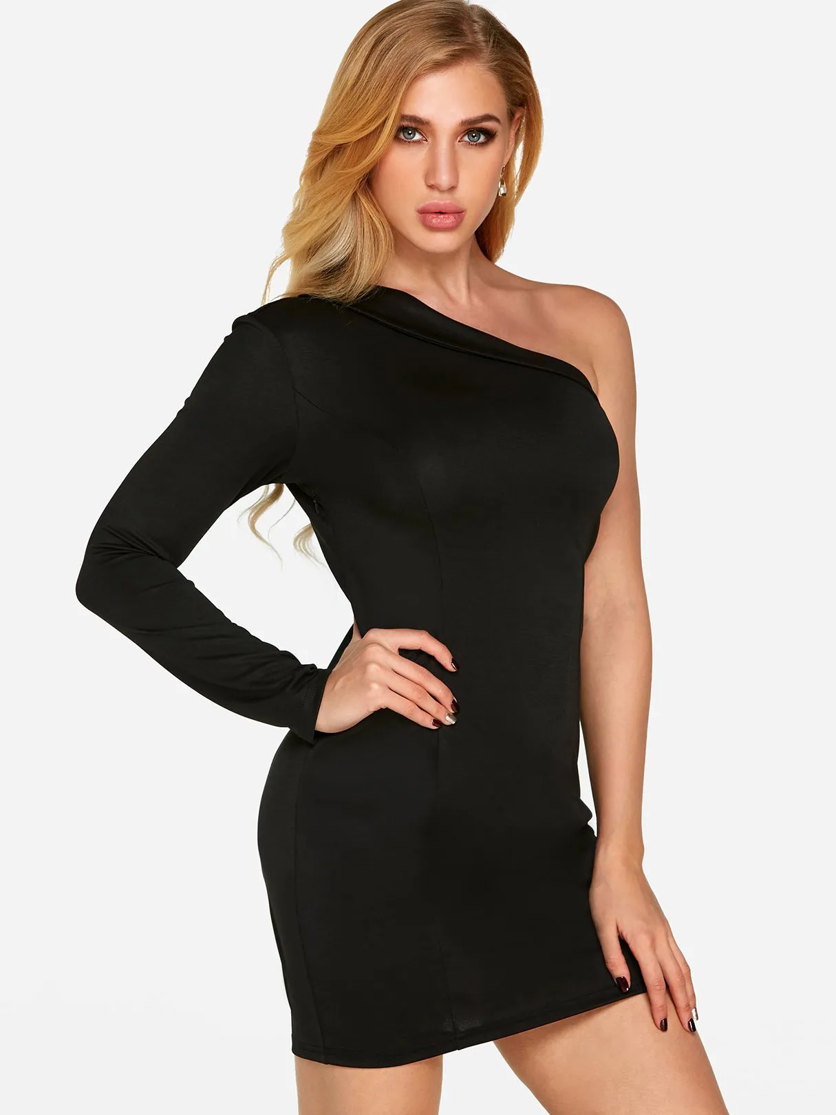 Wholesale Black One Shoulder Long Sleeve Plain Backless Sexy Dresses