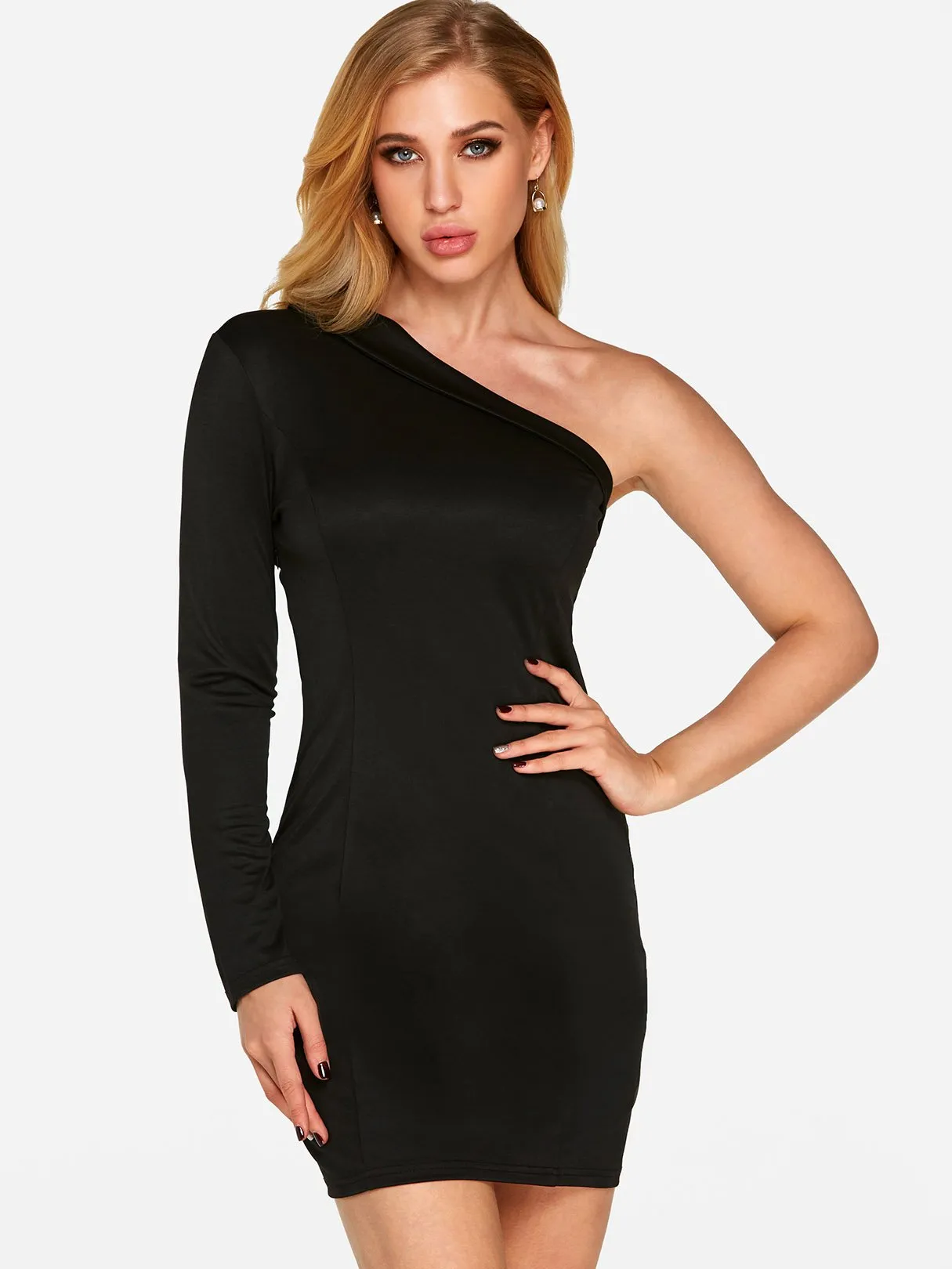 Wholesale Black One Shoulder Long Sleeve Plain Backless Sexy Dresses