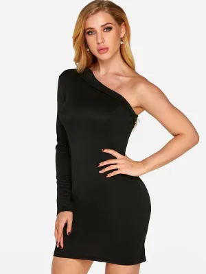 Wholesale Black One Shoulder Long Sleeve Plain Backless Sexy Dresses
