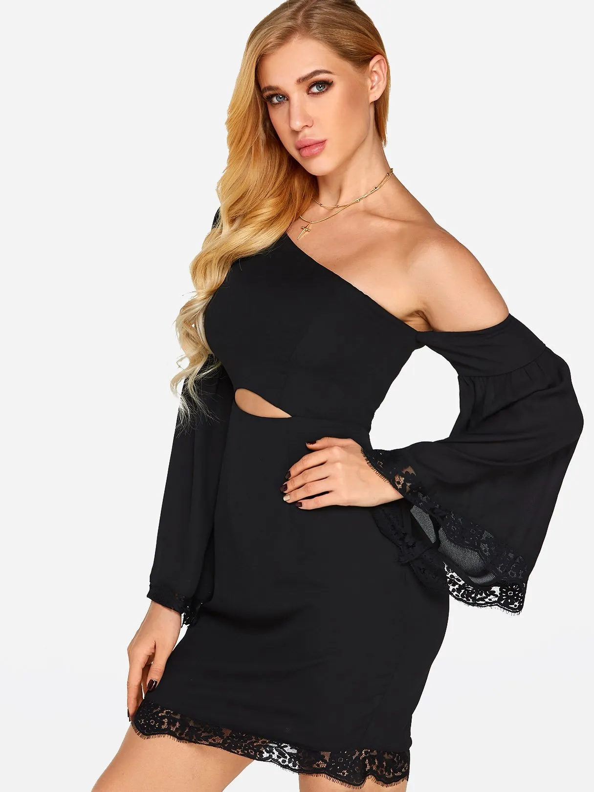 Wholesale Black One Shoulder Long Sleeve Plain Lace Cut Out Sexy Dresses