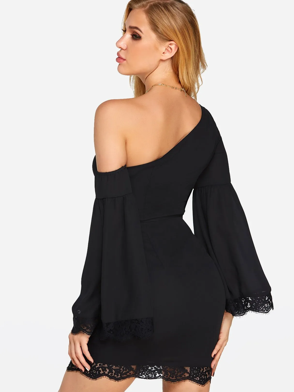 Wholesale Black One Shoulder Long Sleeve Plain Lace Cut Out Sexy Dresses