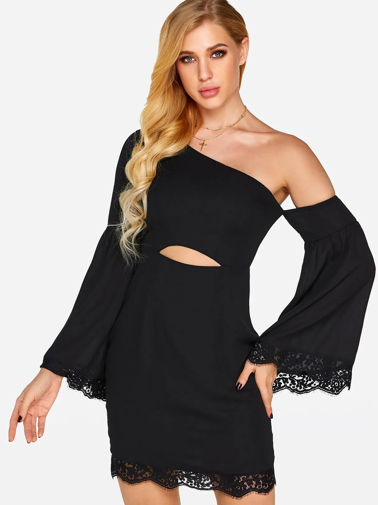 Wholesale Black One Shoulder Long Sleeve Plain Lace Cut Out Sexy Dresses