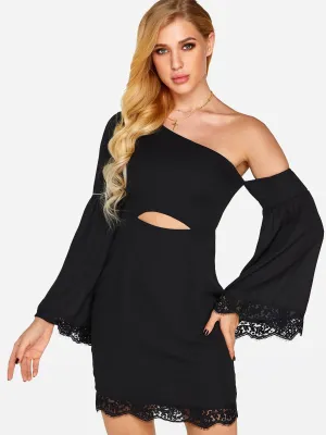 Wholesale Black One Shoulder Long Sleeve Plain Lace Cut Out Sexy Dresses