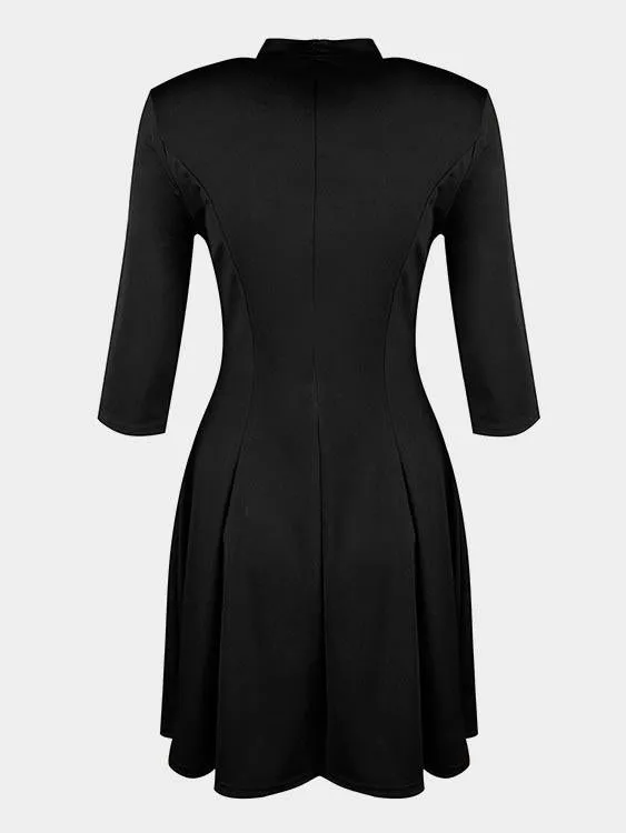 Wholesale Black Perkins Collar 3/4 Length Sleeve Zip Back Ruffle Hem High-Waisted Sexy Dress
