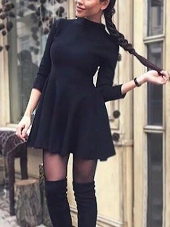 Wholesale Black Perkins Collar 3/4 Length Sleeve Zip Back Ruffle Hem High-Waisted Sexy Dress