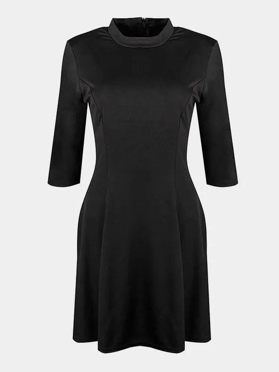 Wholesale Black Perkins Collar 3/4 Length Sleeve Zip Back Ruffle Hem High-Waisted Sexy Dress