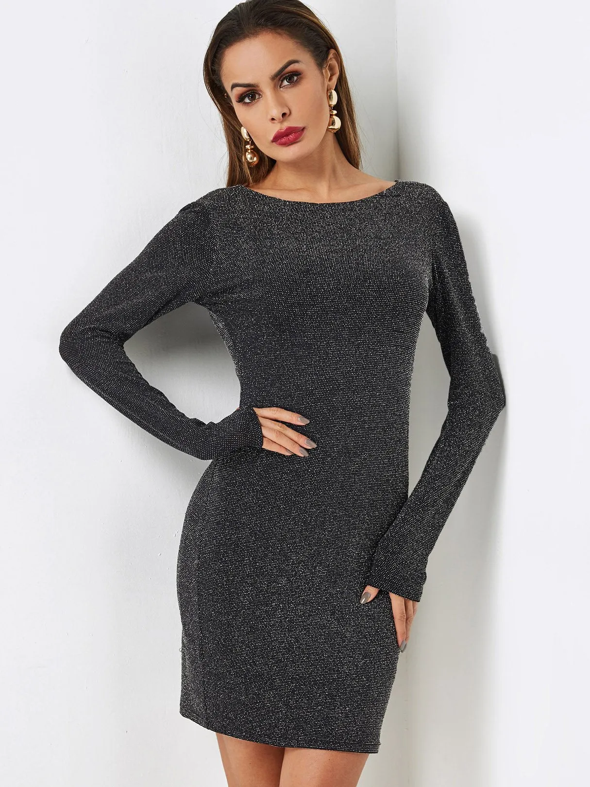 Wholesale Black Round Neck Long Sleeve Plain Backless Sexy Dresses