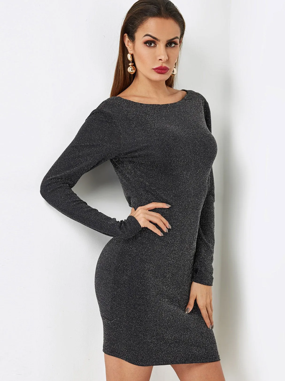 Wholesale Black Round Neck Long Sleeve Plain Backless Sexy Dresses