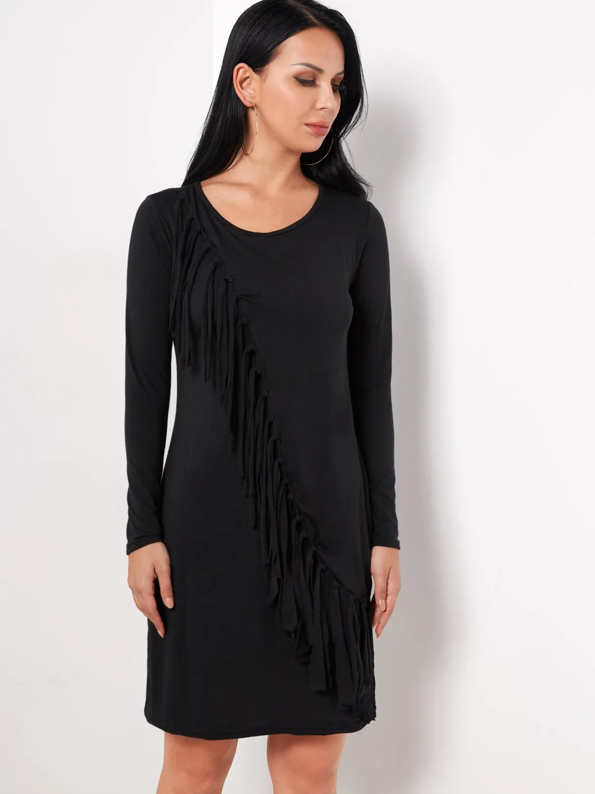 Wholesale Black Round Neck Long Sleeve Plain Tassel Sexy Dress