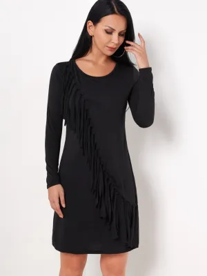 Wholesale Black Round Neck Long Sleeve Plain Tassel Sexy Dress