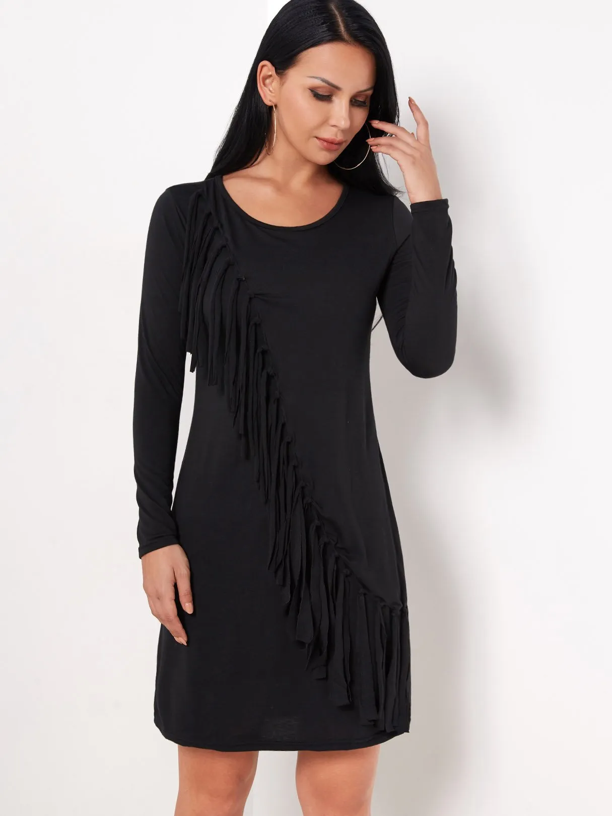 Wholesale Black Round Neck Long Sleeve Plain Tassel Sexy Dress