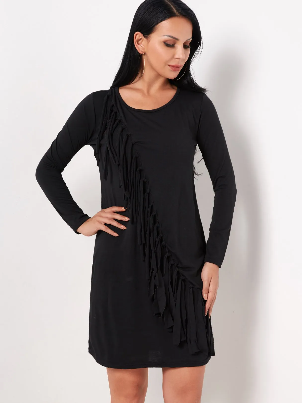 Wholesale Black Round Neck Long Sleeve Plain Tassel Sexy Dress