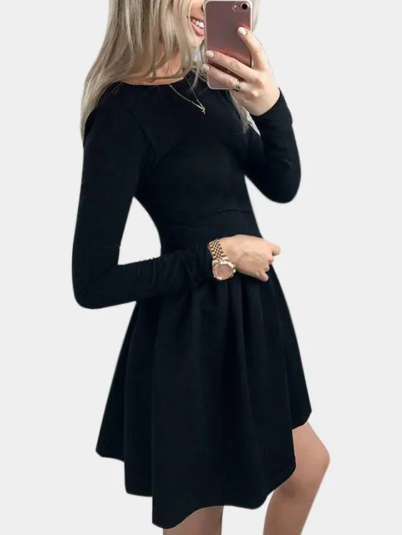 Wholesale Black Round Neck Long Sleeve Pleated High-Waisted Sexy Dress