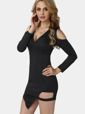 Wholesale Black V-Neck Long Sleeve Plain Irregular Hem Sexy Dresses