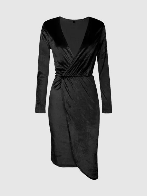 Wholesale Black V-Neck Long Sleeve Plain Slit Hem Sexy Dresses