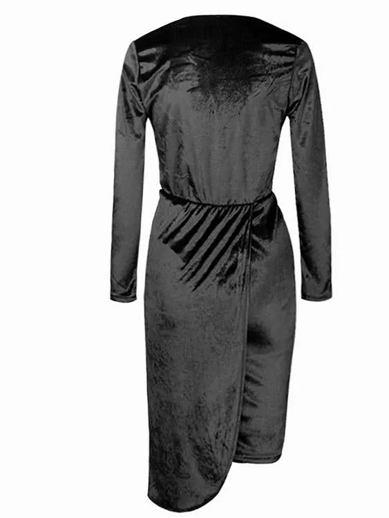Wholesale Black V-Neck Long Sleeve Plain Slit Hem Sexy Dresses