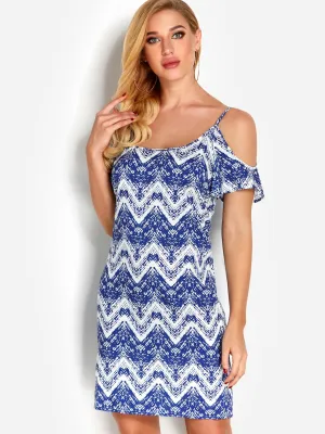 Wholesale Blue Cold Shoulder Sleeveless Printed Sexy Dress