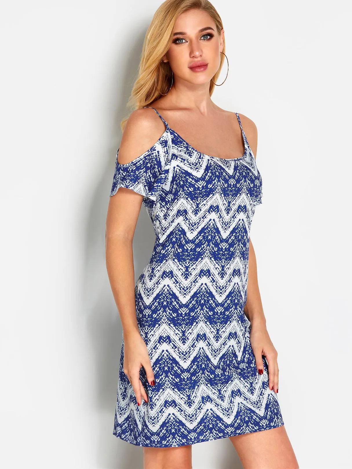Wholesale Blue Cold Shoulder Sleeveless Printed Sexy Dress